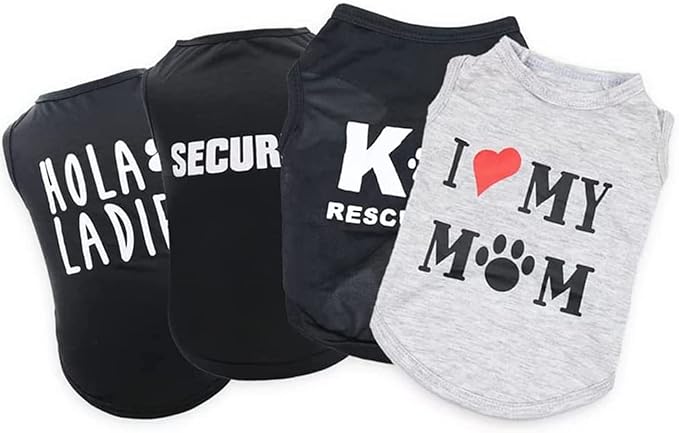4 Pieces Pet Dog T Shirt I Love My Mom K9 Unit HOLA Ladies Security Print Puppy Shirts Small Dogs Clothes for Boys Summer Dog Tshirt Boy Chihuahua Tshirts Cat Clothing Yorkie Vest Apparel, Large
