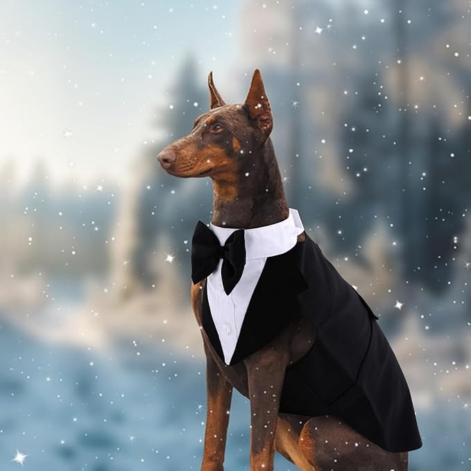QBLEEV Tuxedo for Large Dogs, Suit and Bandana Set, Wedding Outfit With Bow Tie, Formal Tux Costume for Halloween, Christmas, Birthday Party, Cosplay, Black 2XL