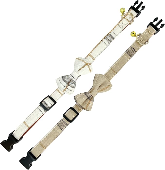 KUDES 2 Pack/Set Dog Collars with Bow Tie and Bells, Adjustable Cute Dog Bow Ties Collar for Small/Medium/Large Boys and Girls Pets (Beige & Brown, L(14.2''-21.7''))