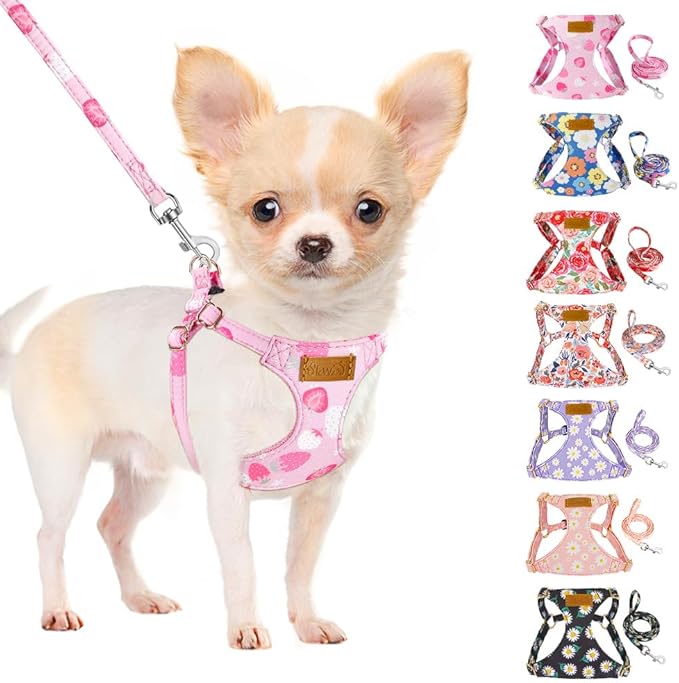 SlowTon No Pull Dog Harness with Leash - Soft Lightweight Floral Pattern Puppy Harness, Adjustable Pet Harness for Small Medium Dogs (Strawberry M)