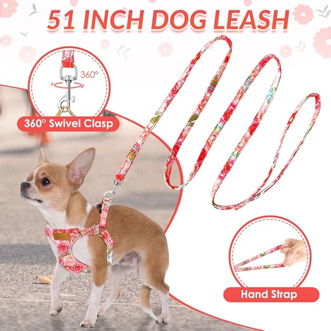 SlowTon No Pull Dog Harness with Leash - Soft Lightweight Floral Pattern Puppy Harness, Adjustable Pet Harness for Small Medium Dogs (Pink Rose XS)