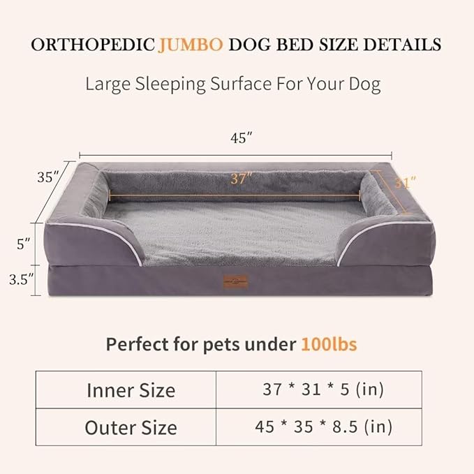 Comfort Expression Jumbo Dog Bed for Extra Large Dogs, Large Breed Waterproof Orthopedic Dog Bed, PV Washable Dogs Sofa Beds with Removable Cover & Non-Slip Bottom(Jumbo,Purple)