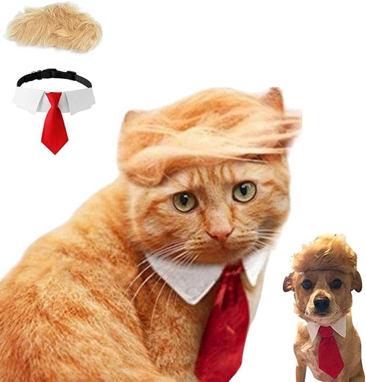 Pet Cat/Dog Blonde Wig with Tie - Iconic and Playful Toupee Hat, Cosplay Dress Up Clothing Costume Halloween Accessories (RedTie, L)