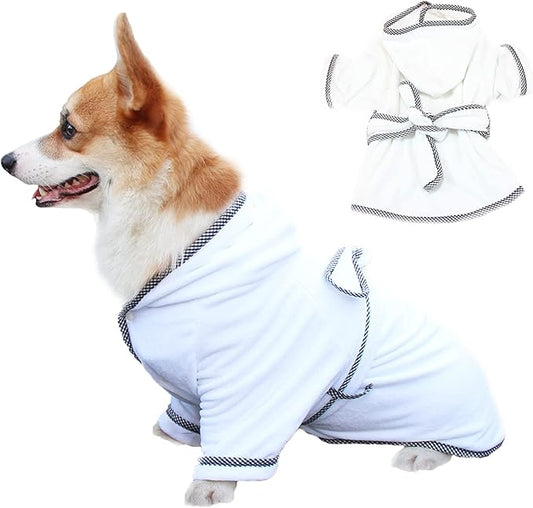 Dog Bathrobe, Microfiber Fast Drying Absorbent Hooded Bath Towel White for Puppy Small Medium Large Dog Cat (XL, White)