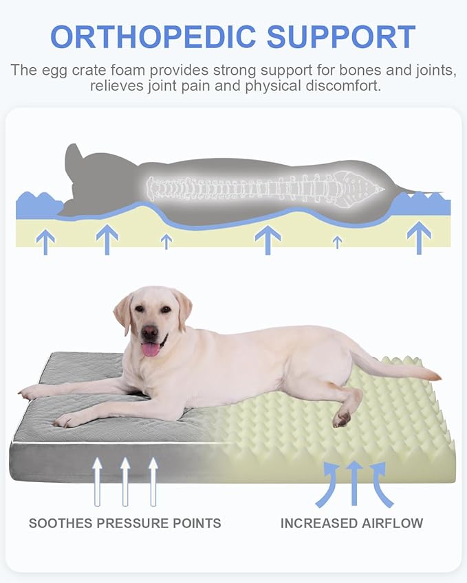 KSIIA Orthopedic Dog Bed Extra Large Dog Bed with Removable Machine Washable Cover Waterproof Crate Pad with Egg Crate Foam and Non-Slip Bottom, 53x36 Inch, Light Gray