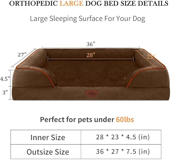 Comfort Expression Large Dog Beds Orthopedic Foam, Waterproof Dog Beds for Dogs, Comfy Pet Bed Sofa with Washable Removable Cover & Non-Slip Bottom(Large,Chocolate Brown)
