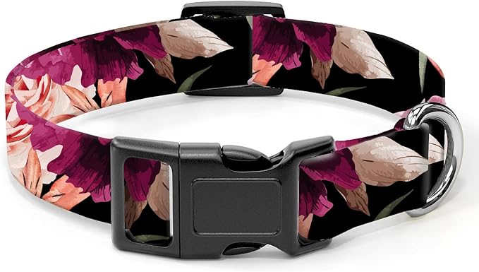 Dog Collar, Cute Dog Collar for Small Medium Large Dogs, Personalized Adjustable Soft Pet Collars with Quick Release Buckle for Walking Running, Black Red Floral