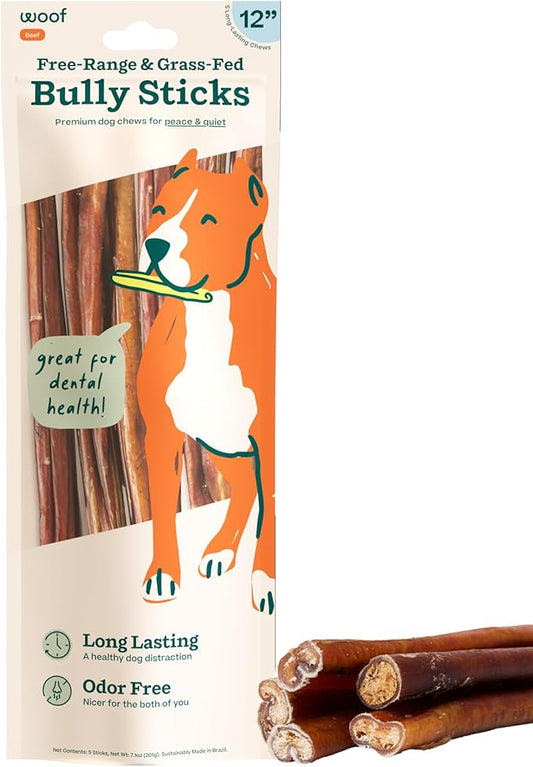 WOOF Bully Sticks Dog Treats - Chew Sticks for Dogs - Long-Lasting Dog Chew Treats - Products Made with Free-Range, Grass-Fed Beef - 12" Sticks - 5pk
