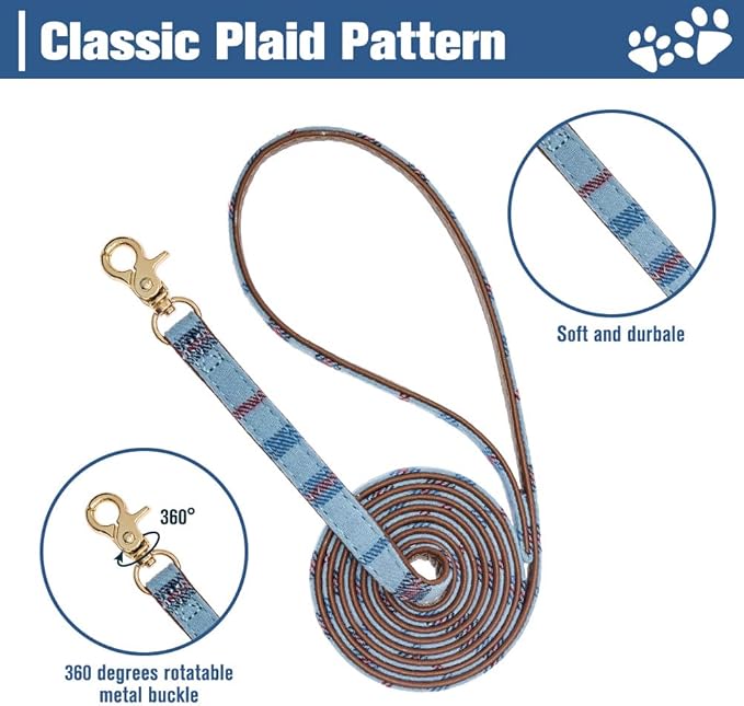 EXPAWLORER Puppy Collar and Leash Set - Embroidery Pawprints Plaid Dog Collar and Dog Leash Set, Bow Tie and Bandana Dog Collar with Bell, Cute Collar and Leash for Dogs Cats Outdoor Walking, Blue XS