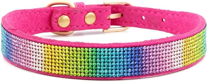 Rhinestone Dog Collar, Cute Dazzling Sparkling Soft Suede Leather Dog Cat Rhinestone Collar Crystal Diamond Pet Dog Puppy Collar (S, Hot Pink-3)