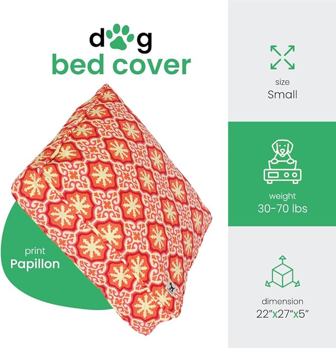 Molly Mutt Small Dog Bed Cover - Papillon Print - Measures 22”x27”x5’’ - 100% Cotton - Durable - Breathable - Sustainable - Machine Washable Dog Bed Cover