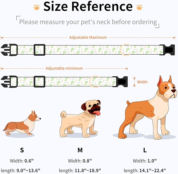 Cotton Dog Collar,Adjustable Cute Puppy Collar with Moon Patterned Design for Small Medium Large Dogs,Soft and Fancy Pet Collar with Safety Buckle for Girl Boy Dogs (Green Dinosaur, Medium)