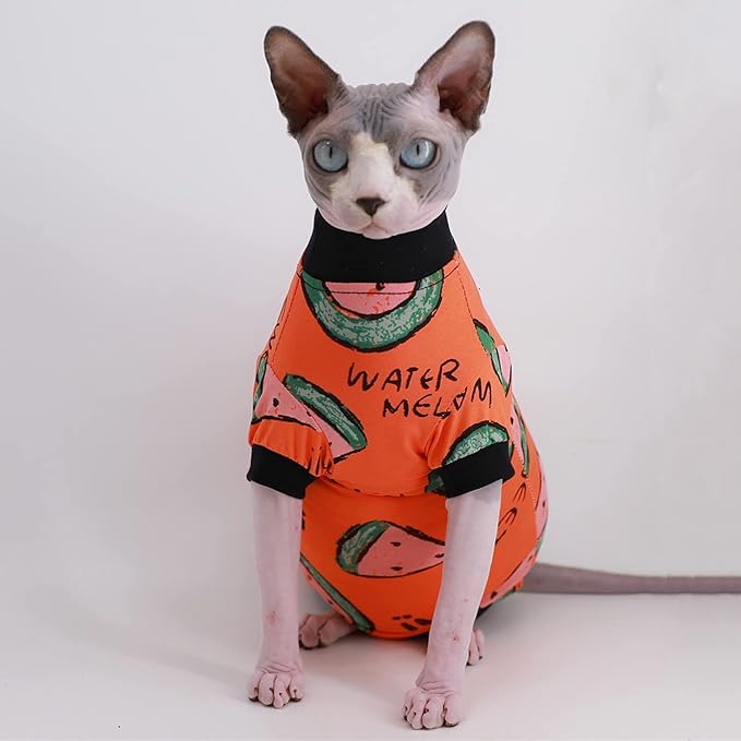 Sphynx Hairless Cat Cute Summer Cotton T-Shirts Pet Clothes,Round Collar Kitten Shirts Cats Apparel (Orange Watermelon, Medium (Pack of 1))