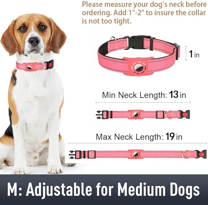 Airtag Dog Collar with AirTag Holder for Medium Dogs, Reflective, Soft Padded & Safety Locking Buckle, Nylon Pet Collars Adjustable for All Breeds, Pink,M