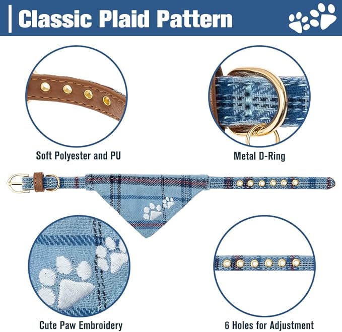 EXPAWLORER Dog Collar and Leash Set - Embroidery Pawprints Plaid Dog Collar and Dog Leash Set, Bow Tie and Bandana Dog Collar, Adorable Collar and Leash for Dogs Cats Outdoor Walking, Blue M
