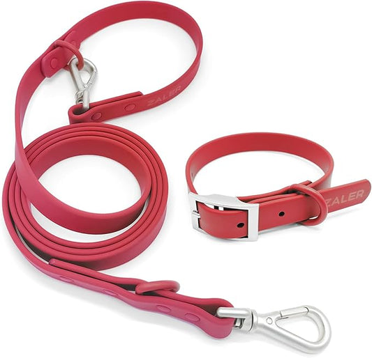 ZALER Dog Collar and Leash Set, Waterproof Adjustable Odor Proof Pet Collars Leashes Easy to Clean, 6FT Dog Leash with 2 Hooks for Large, Medium Small Dogs (L, Red)