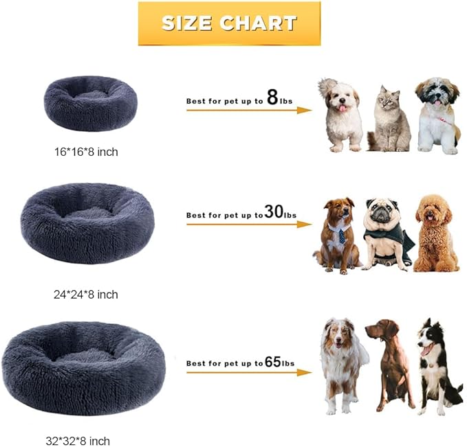 Dog Calming Beds for Small Medium Large Dogs - Round Donut Washable Puppy Dog Bed, Anti-Slip Faux Fur Fluffy Donut Cuddle Anxiety Cat Pet Bed(16" Dark Grey)