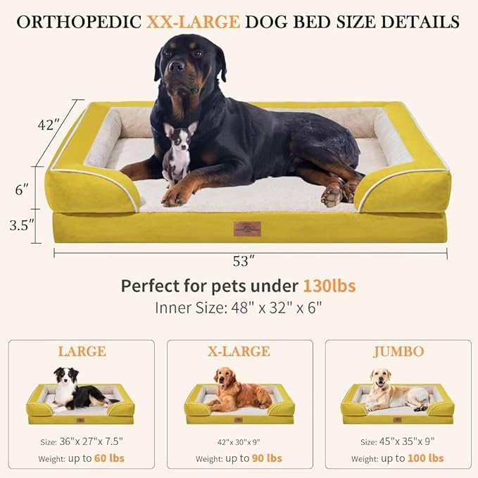 Comfort Expression XXL Dog Bed Orthopedic Foam, Waterproof Dog Beds for Oversized Dogs, Washable Dogs Sofa Bed with Removable Cover & Non-Slip Bottom(XX-Large,Spicy Mustard)