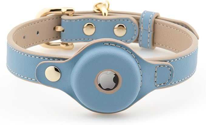 Cupertino Dog Collars, Harnesses & Leashes Made from Vegan Leather with Dog Tracker Device Holder Adjustable Dog Collar (Small, Blue)