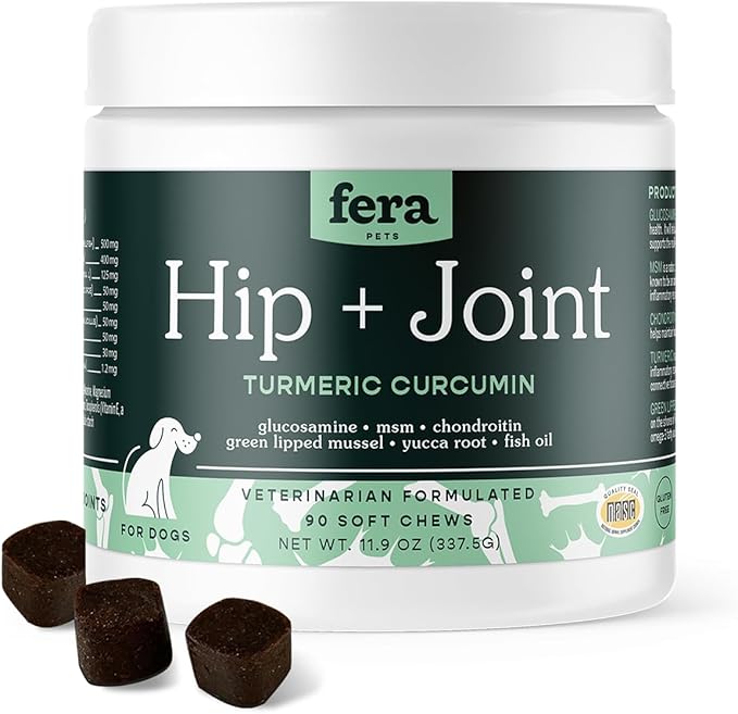 Fera Pet Organics Hip + Joint Supplement for Dogs - Vet Created - Soft & Chewy Dog Joint Supplement - Glucosamine, Chondroitin, MSM– Chicken Flavor, 90 Chews