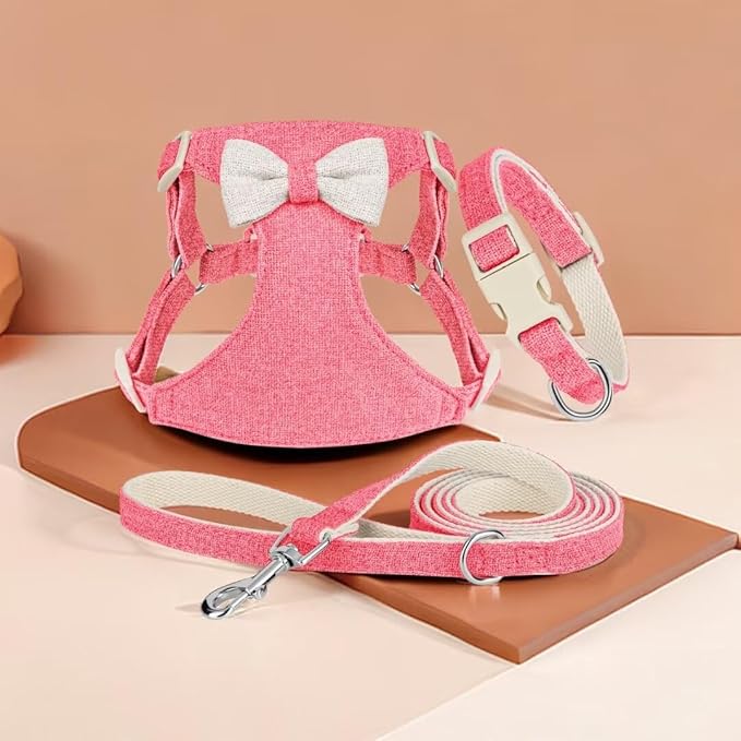 Didog Small Dog Harness Collar and Leash Set, Adjustable Lightweight Vest Harness with Cotton Soft Mesh for Small Dogs, Cats (Pink, XS)