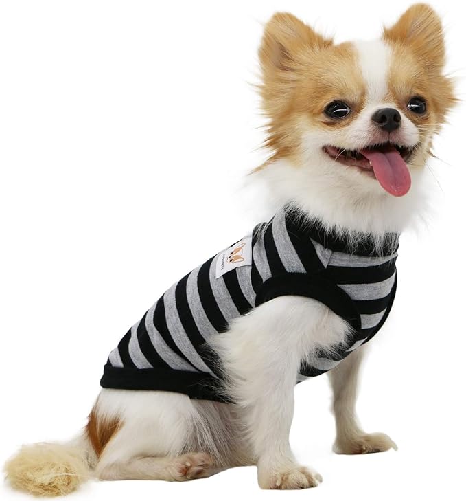 LOPHIPETS 100% Cotton Striped Dog Shirts for Small Dogs Chihuahua Puppy Clothes Tank Vest-Black and Gray Strips/S