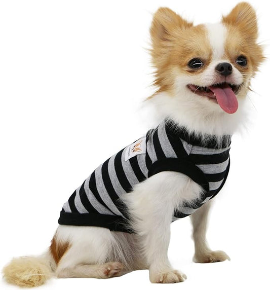 LOPHIPETS 100% Cotton Striped Dog Shirts for Small Dogs Chihuahua Puppy Clothes Tank Vest-Black and Gray Strips/L