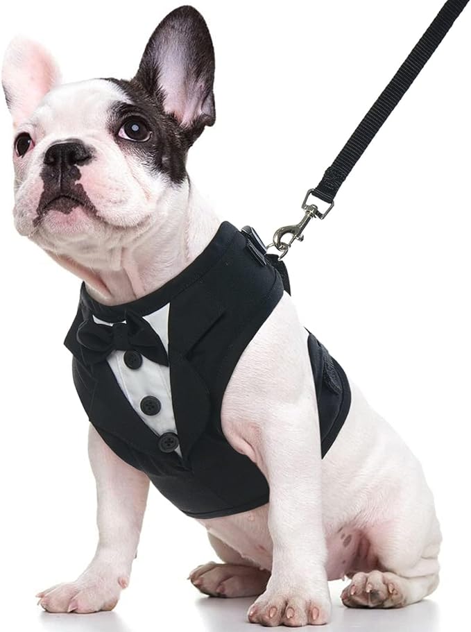 Kuoser Dog Tuxedo Harness, Adjustable Pet Harness No Pull for Small Medium Dogs, Doggie Wedding Suit with Bow Tie Party Costume