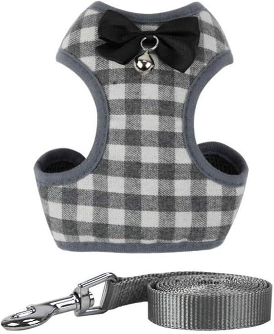 Dog Harness and Leash Set, Soft Mesh No Pull Dog Cat Harness Vest with Bowtie Bell for Small Dogs Puppy and Cats Outdoor Training and Running Classic Plaid Pattern (Medium(11.0"-18.1"), Grey Plaid)