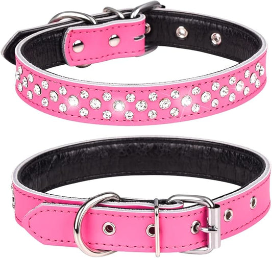 Rhinestone Dog Collar, Adjustable Cute Dazzling Sparkling Soft Leather Dog Collar Crystal Diamond Pet Dog Puppy Collar (M, Hot Pink)