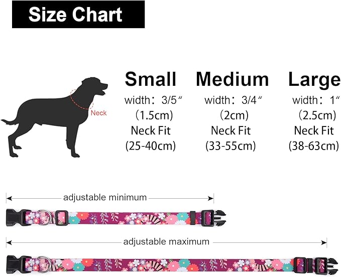 Adjustable Dog Collar with Patterns, Ultra Comfy Soft Nylon Breathable Pet Collar for Small Medium Large Dogs (S, Colorful Flower