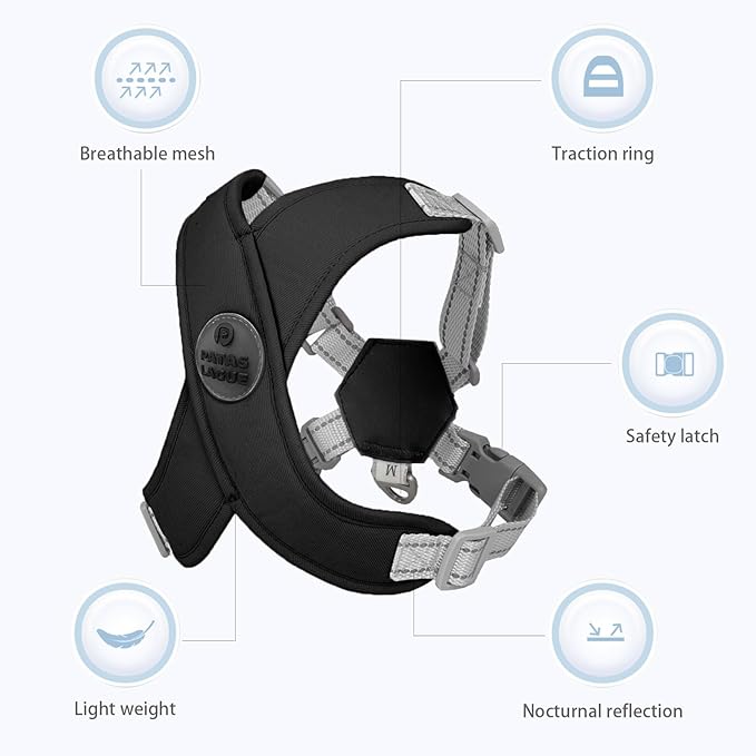 Patas Lague Dog Harness with Leash Set Adjustable Soft Padded Step-in Dog Vest No Choke No Pull Reflective for Small Medium Pets with Poop Bags and Dispenser, Solid and No-chew, Black M
