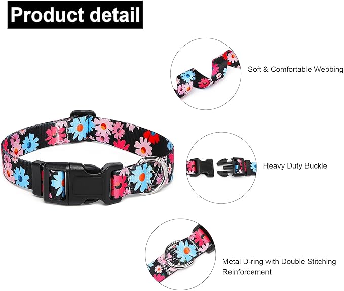 Adjustable Dog Collar with Patterns, Ultra Comfy Soft Nylon Breathable Pet Collar for Small Medium Large Dogs (M, Floral Pink Blue)