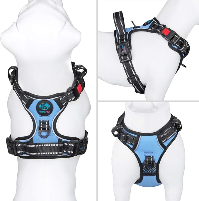 PHOEPET No Pull Dog Harness Reflective Adjustable Vest with a Training Handle, Name ID Pocket, 2 Metal Leash Hooks, 3 Snap Buckles [Easy to Put on & Take Off](XS, Baby Blue)