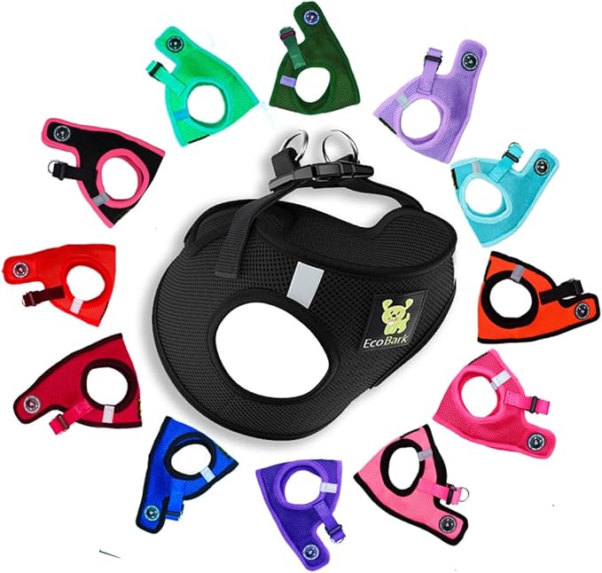 EcoBark Step in Dog Harness - Eco-Friendly Toy Breed Dog Harnesses for XS and Small Dogs - Reflective and Adjustable Mini Body Halter Vest -Tiny Soft Mesh Toy Breed Harness (Black, Small)