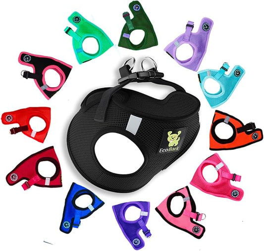 EcoBark Step in Dog Harness - Eco-Friendly Toy Breed Dog Harnesses for XS and Small Dogs - Reflective and Adjustable Mini Body Halter Vest -Tiny Soft Mesh Toy Breed Harness (Black, Small)