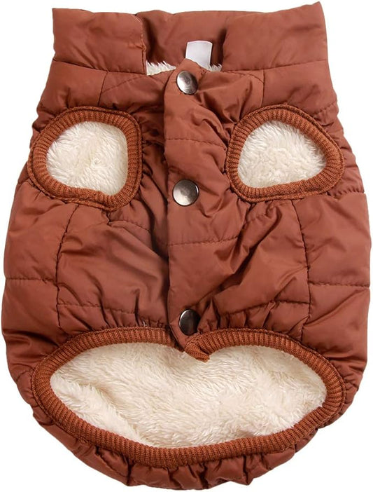 2 Layers Fleece Lined Warm Dog Jacket for Puppy Winter Cold Weather,Soft Windproof Small Dog Coat,Brown XS