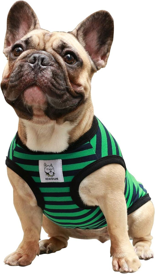 iChoue French Bulldog 100% Breathable Cotton Striped T Shirts Halloween Vest Clothes for Medium Dogs Tank Tops Frenchie Pug English Boston Terrier Pitbull Green Black Stripes - Large