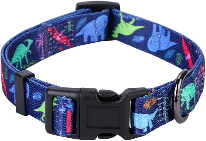 Rhea Rose Dog Collar Special Design Personalized Cute Girl boy Soft Collars with Sunflower, Camo, American Flag, Plaid (M(Neck 13.1"-19", Width 3/4"), Cartoon Dinosaurs)