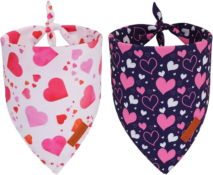 PTDECOR Valentine Dog Bandana, White Purple Love Heart Design Reversible Dog Scarf, Triangle Valentine Bandanas for Medium Large Pets (Large)
