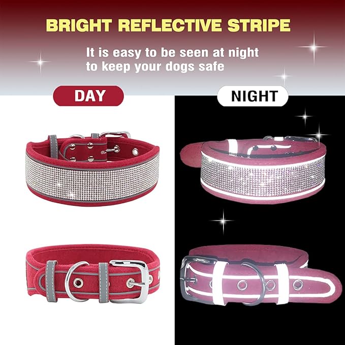 Bling Rhinestone Dog Collar Soft Comfortable Stylish Dog Collar with Bright Reflective Stripe Premium Adjustable Diamond Crystal Pet Collar for Medium and Large Dogs (L, Red)