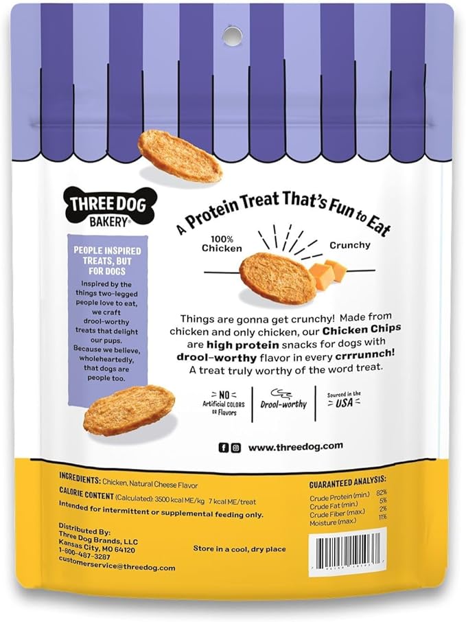 Three Dog Bakery Bark’N Crunch! Chicken Chips, Cheese Flavor, Crunchy Treat for Dogs, Two Ingredients, High Protein Snacks, No Artificial Flavors or Colors, Made in The USA, 4 oz