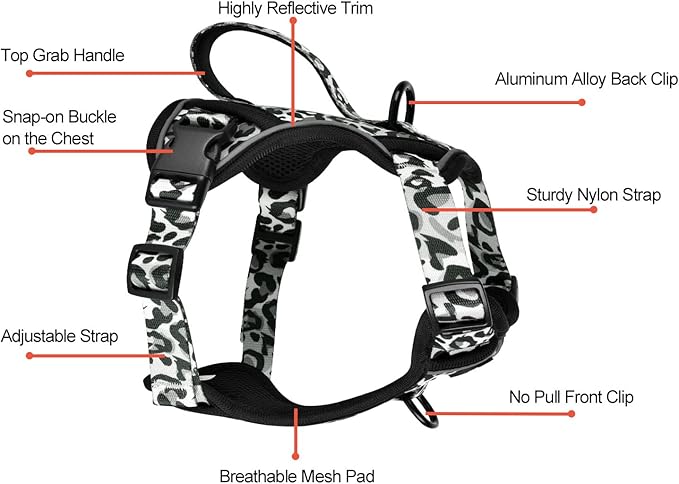 Petmolico Dog Harness for Small Dogs, Cute Harness Vest with Two Leash Clips and Soft Handle, Reflective Easy Walk Puppy Vest - Grey Leopard, Medium