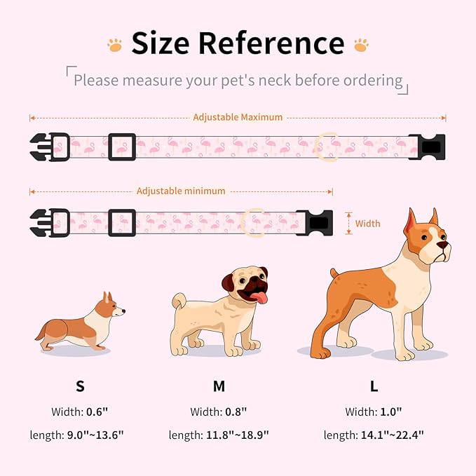 Cotton Dog Collar,Adjustable Cute Puppy Collar with Moon Patterned Design for Small Medium Large Dogs,Soft and Fancy Pet Collar with Safety Buckle for Girl Boy Dogs (Pink Flamingo, L)