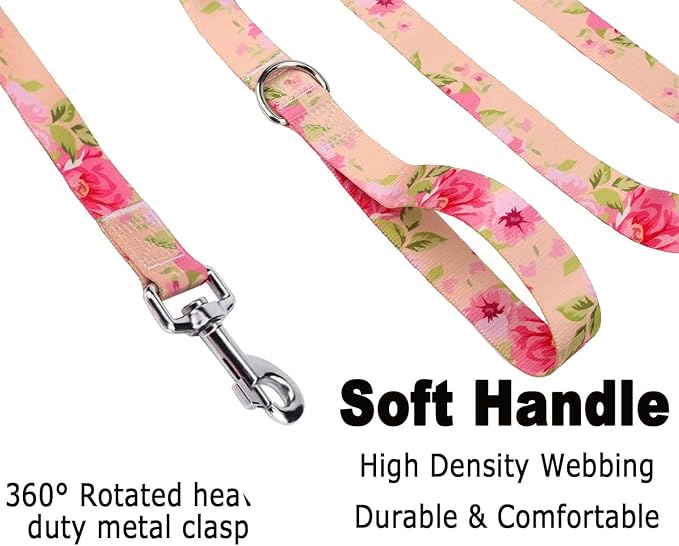 Dog Collar and Leash Set with Bohemia Floral Tribal Geometric Patterns - Soft Ethnic Style Collar Adjustable for Small Medium Large Dogs(Pink Rose Set,XS)