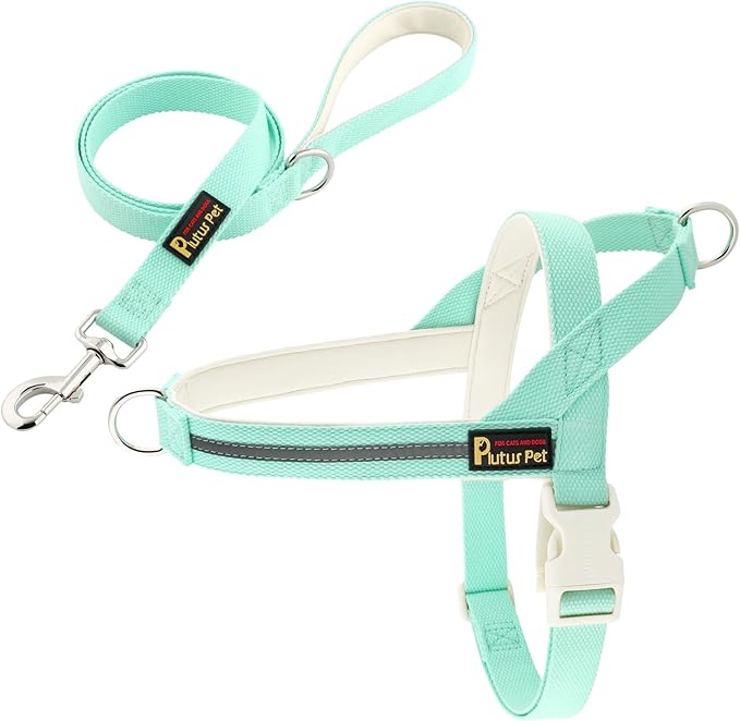 Plutus Pet Cotton Dog Harness and Leash Set, Reflective and Soft Padded, Quick Fit Vest Harness, for Small, Medium and Large Dogs, Light Cyan, M