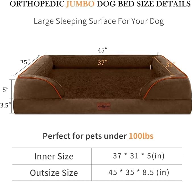 Comfort Expression Orthopedic Jumbo Dog Bed for Extra Large Dogs, Large Breed Waterproof Dog Bed, PV Washable Dogs Sofa Beds with Removable Cover & Non-Slip Bottom(Jumbo,Chocolate Brown)