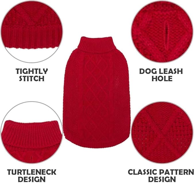 Mihachi Turtleneck Dog Sweater - Winter Coat Apparel Classic Cable Knit Clothes with Leash Hole for Cold Weather, Ideal Gift for Pet in New Year