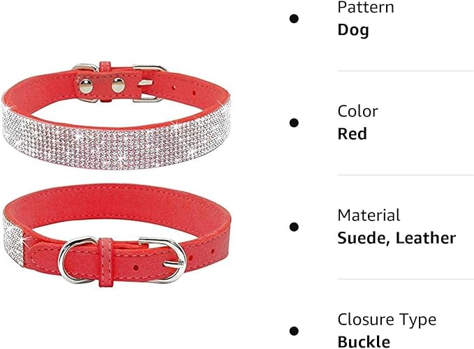 Rhinestone Dog Collar, Cute Dazzling Sparkling Soft Suede Leather Dog Cat Rhinestone Collar Crystal Diamond Pet Dog Puppy Collar(Red,S)