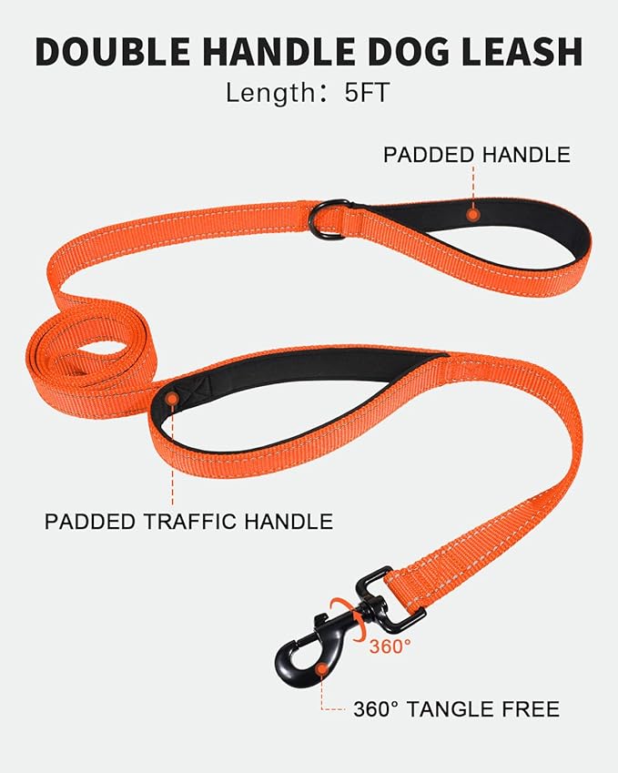 FunTags Reflective Martingale Collar for Dogs, Quick Release Buckle, 5FT Double Handle Dog Leash Padded, Dog Collar and Leash Set, Adjustable for Medium Dogs (Orange, M)